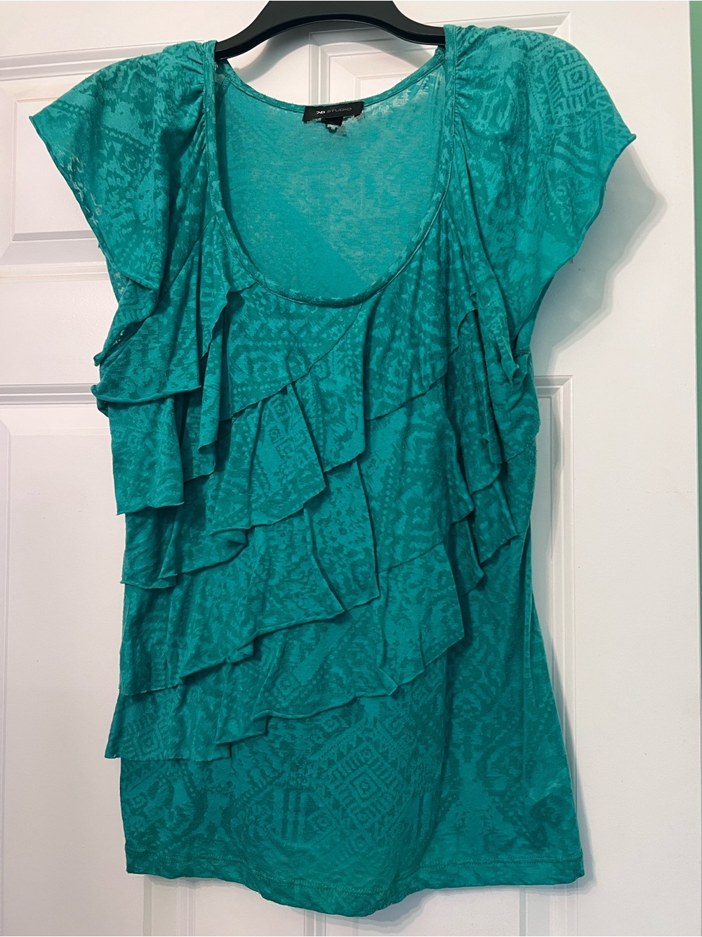 AB Studio Teal Ruffle Short Sleeve Scoop Neck Top